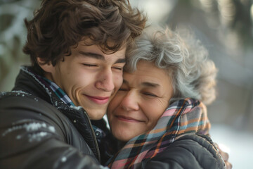 Fototapeta premium A heartwarming image of a young man and an older woman hugging each other tightly, displaying genuine smiles in a winter setting, showcasing the affectionate bond between generations