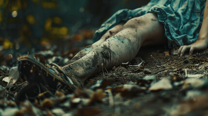 Muddy leg of a girl or young woman on forest ground, with dirty limb among fallen leaves. Unsettling crime scene in a mysterious outdoor setting. Macabre close-up photography 