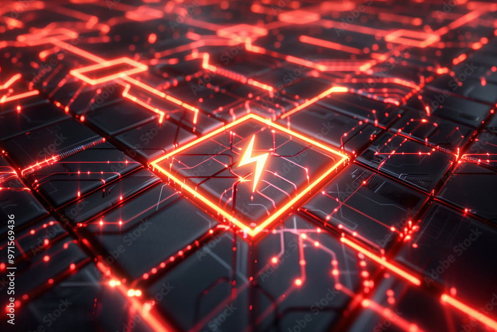 Poster futuristic glowing grid with red highlights and energy icon - a high-tech concept illustrating data 
