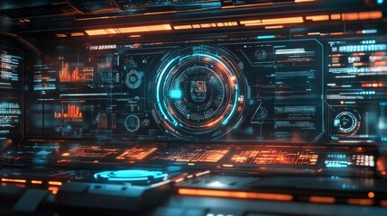Obraz premium Futuristic Interface with Orange and Blue Lights, Digital Hud, Sci-Fi Control Panel, futuristic, interface, hud