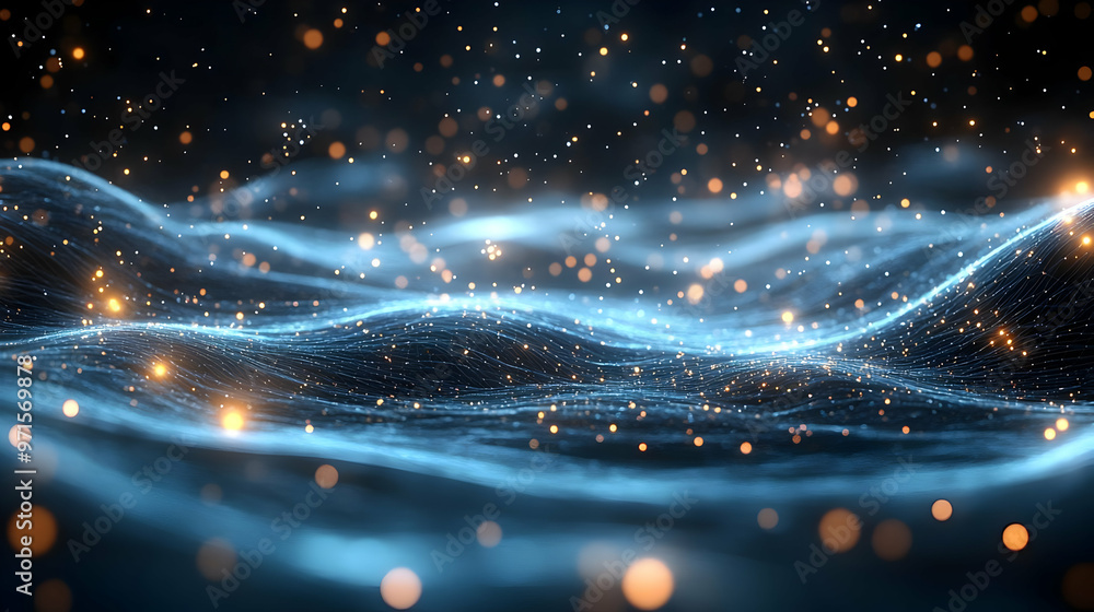 Aufkleber abstract waves of light and particles creating a dynamic digital landscape.