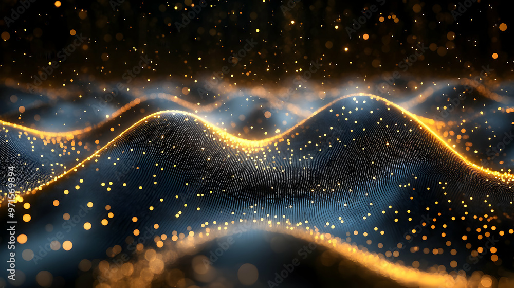 Poster abstract waves of light and particles creating a dynamic visual effect.
