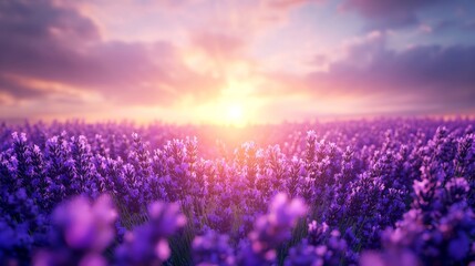 Obraz premium Lavender Field Sunset, Close-Up Perspective, Purple Flowers, Golden Light, Lavender Field, Sunset, Nature