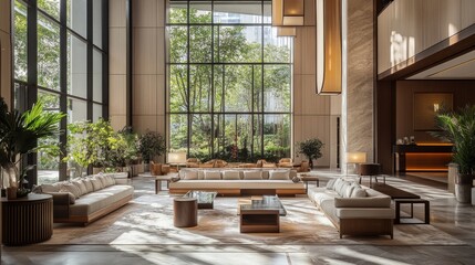 Fototapeta premium Modern Lobby Design with Sunlight Streaks, Two Sofas, Coffee Table and Side Tables, Large Windows with Green View, Luxury Interior, Interior Design, Lobby
