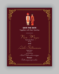 Indian style invitation card with groom & bride, golden border for invitation vector