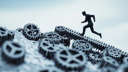 Momentum Forward: A figure running across a moving conveyor belt made of gears, each representing a different action-oriented task