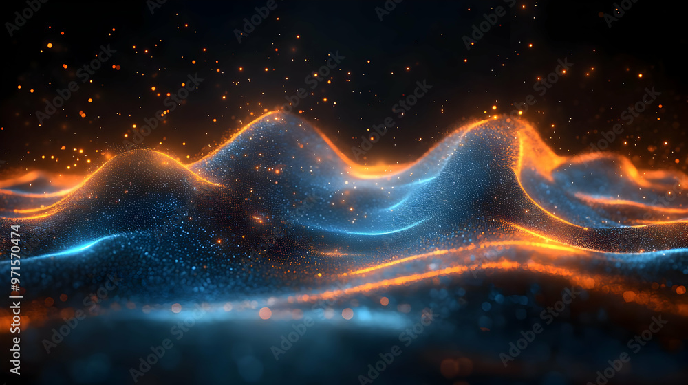 Poster abstract waves of light in blue and orange, creating a dynamic visual effect.