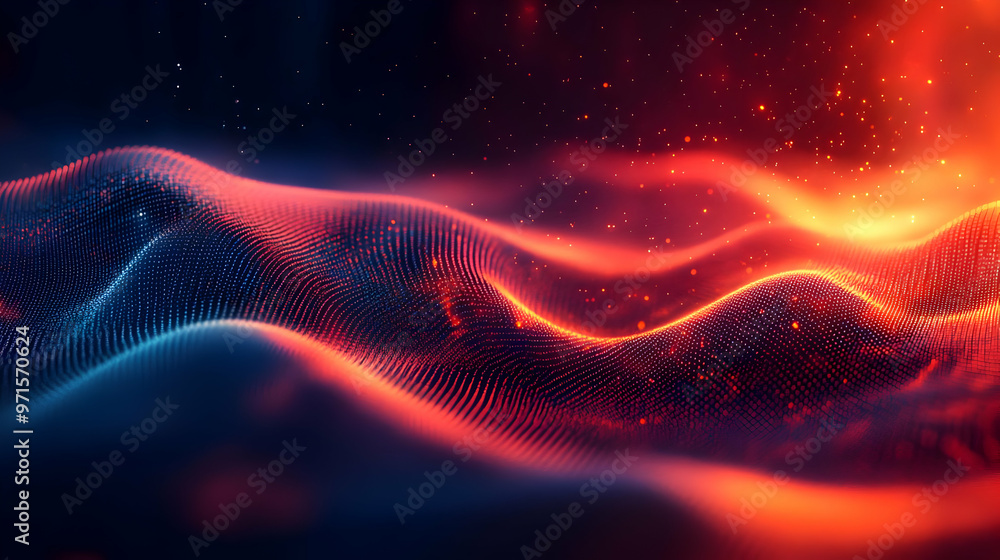 Poster abstract waves of light in red and blue, creating a dynamic visual effect.