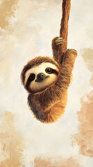 Fototapeta premium A cute baby sloth hanging from branch, showcasing minimalist design and charm