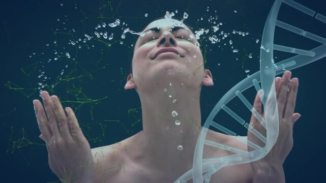 Animation of caucasian woman sprinking with water and dna strand spinning over dark background