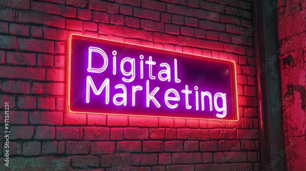 Wall mural digital marketing neon sign on brick wall