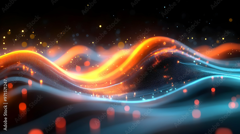 Poster abstract waves of light in vibrant colors, creating a dynamic visual effect.
