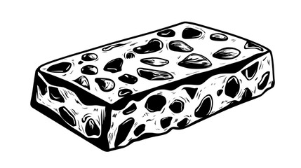 Section of hard nougat with solid, non-flexible texture and evident nut distribution, vector illustration art