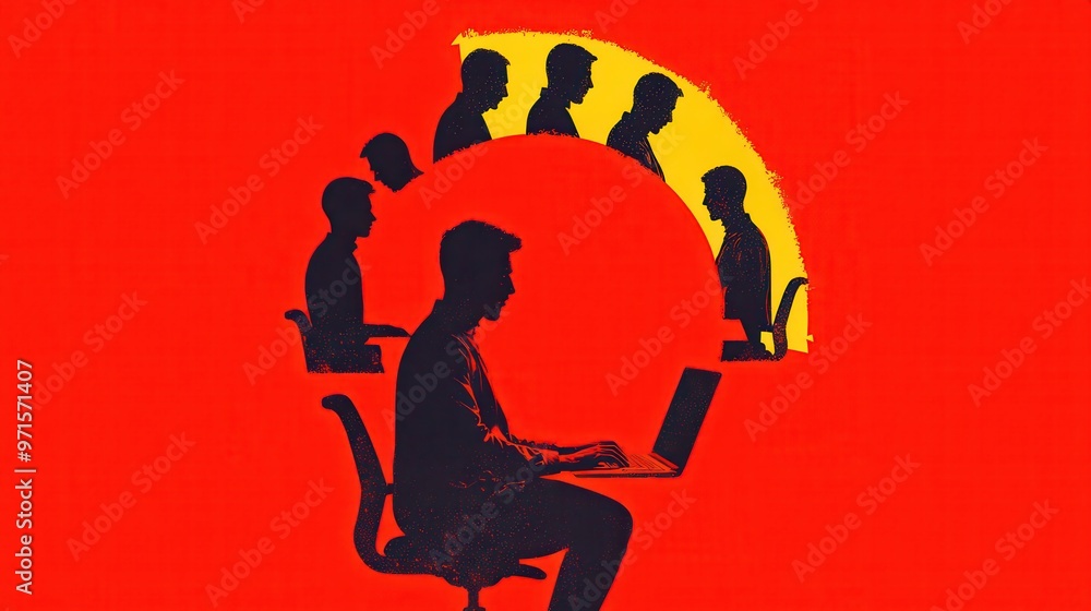 Poster multiple silhouettes of the same person, each in a different working posture (e.g., typing, teaching