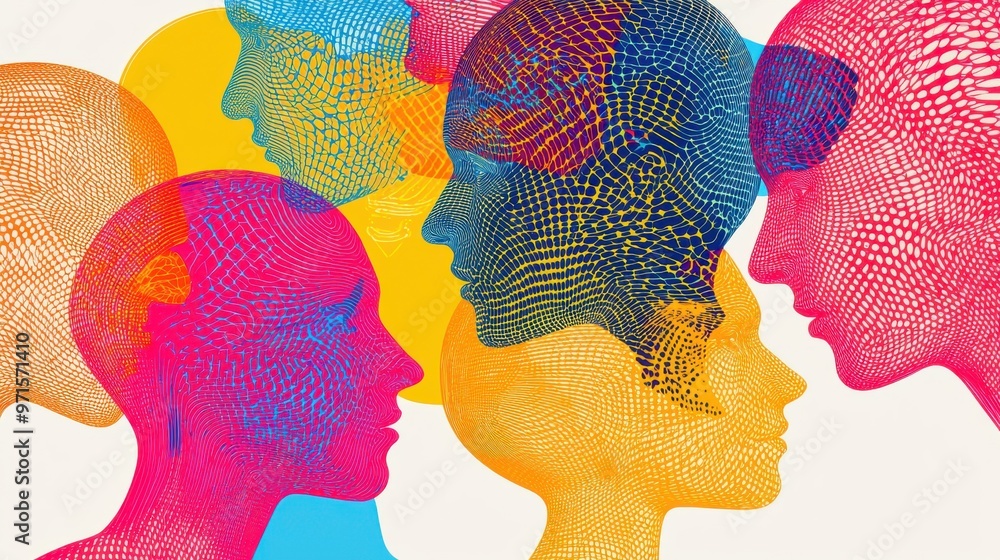 Poster multiple human silhouettes made of different vibrant colors, interconnecting with each other through