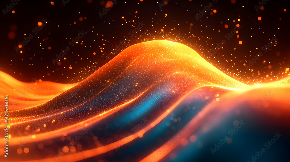 Poster abstract waves of light in vibrant orange and blue hues, creating a dynamic visual effect.