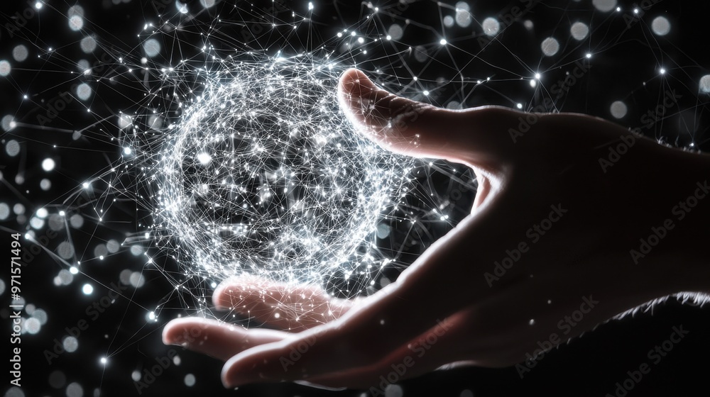 Poster network of connections: a glowing, human hand reaches out and touches multiple floating spheres, eac