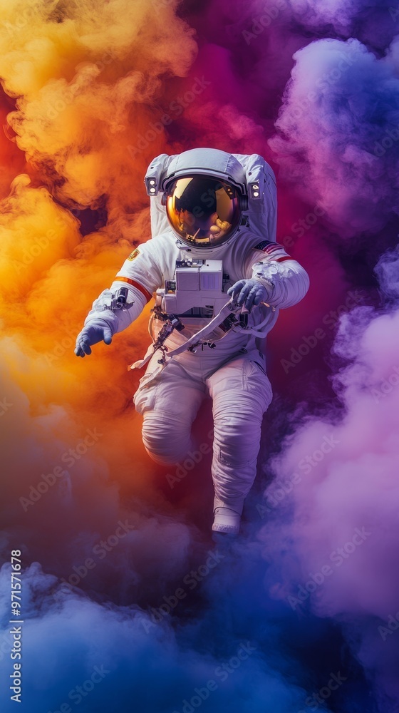 Poster astronaut floating in colorful nebula clouds