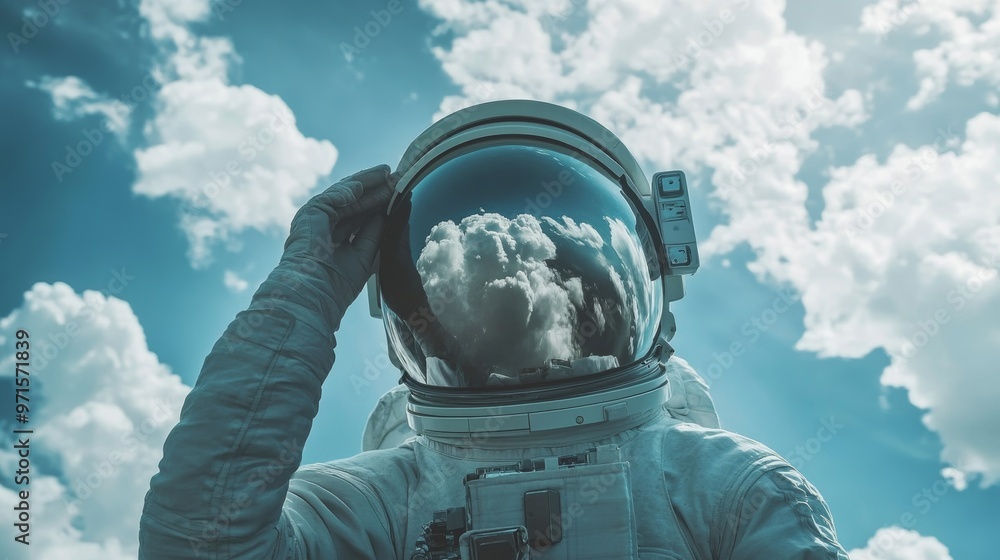 Poster astronaut adjusting helmet with clouds reflecting in visor