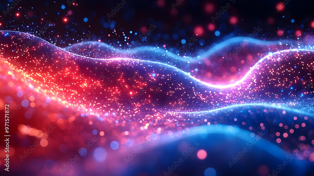 Poster abstract waves of light with vibrant colors and sparkling particles.