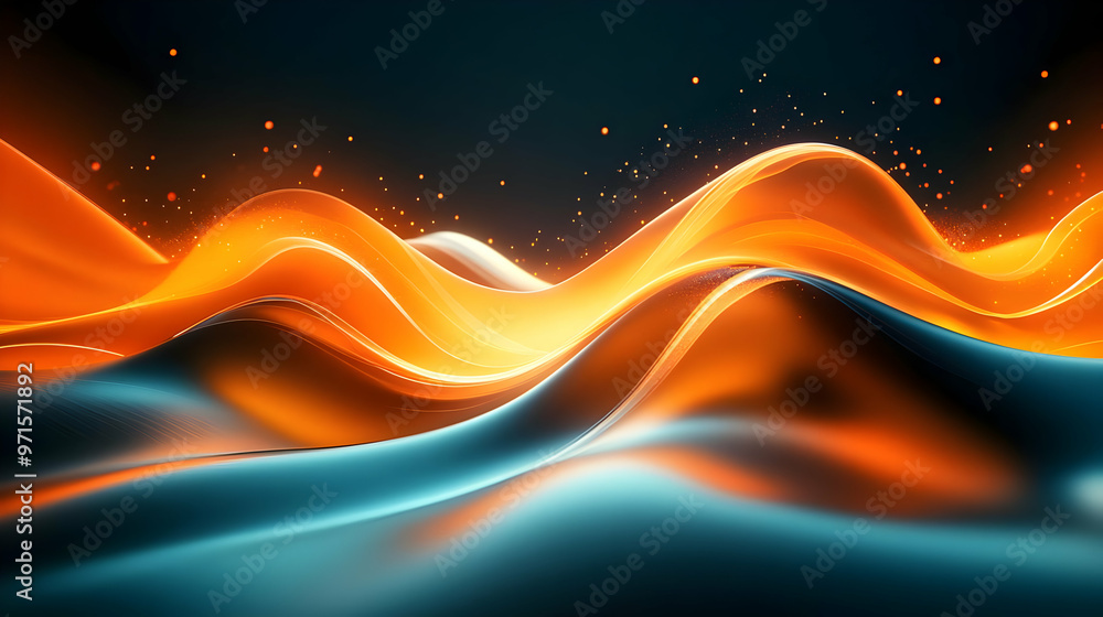 Poster abstract waves of orange and blue creating a dynamic, fluid motion effect.