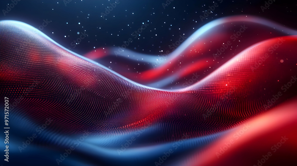 Poster abstract waves of red and blue light create a dynamic, flowing visual effect.