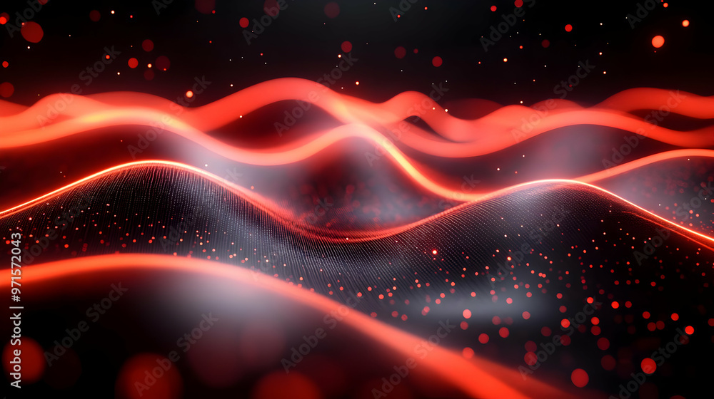 Poster abstract waves of red light and particles create a dynamic, flowing visual effect.