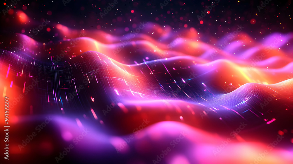Poster abstract waves of vibrant colors creating a dynamic, digital landscape.