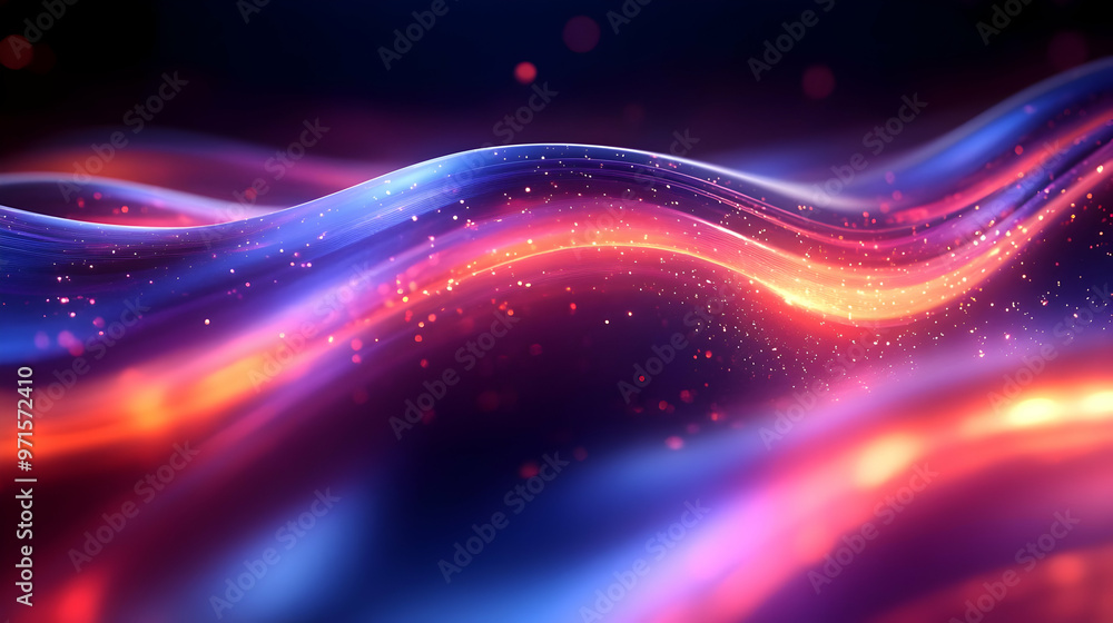 Poster abstract waves of vibrant colors with glowing particles, creating a dynamic visual effect.