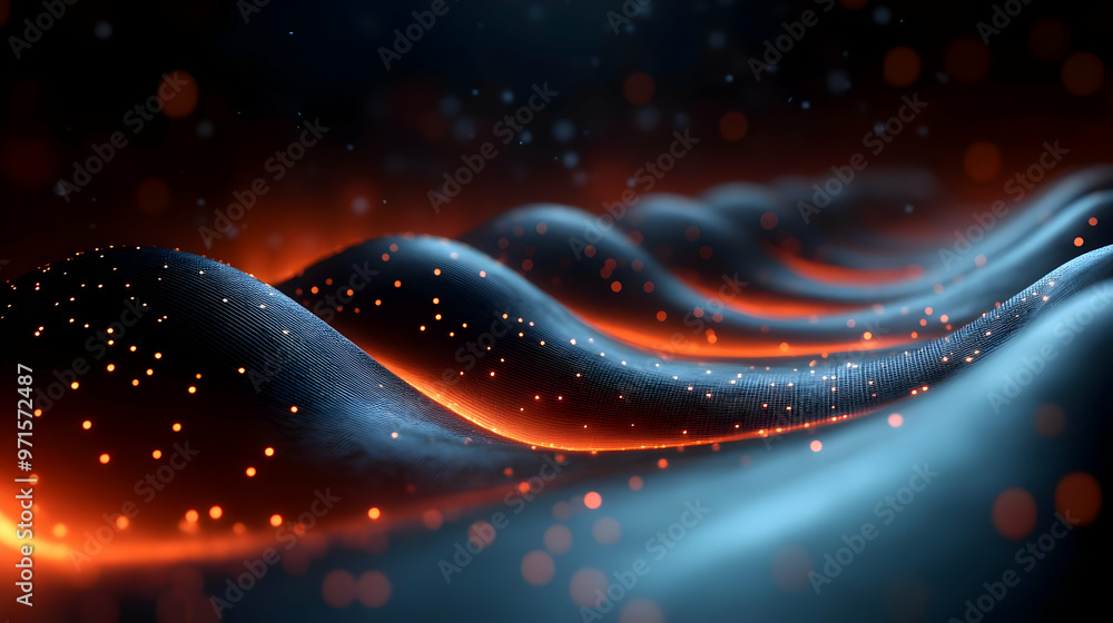 Poster abstract waves with glowing elements in a dark setting, creating a dynamic visual effect.