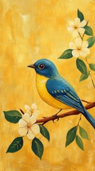 Small blue bird sitting on branch with white flowers painting