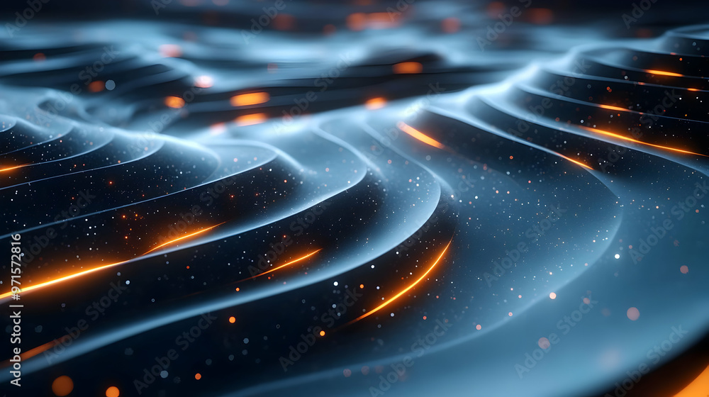 Poster abstract waves with glowing particles, creating a dynamic and futuristic atmosphere.