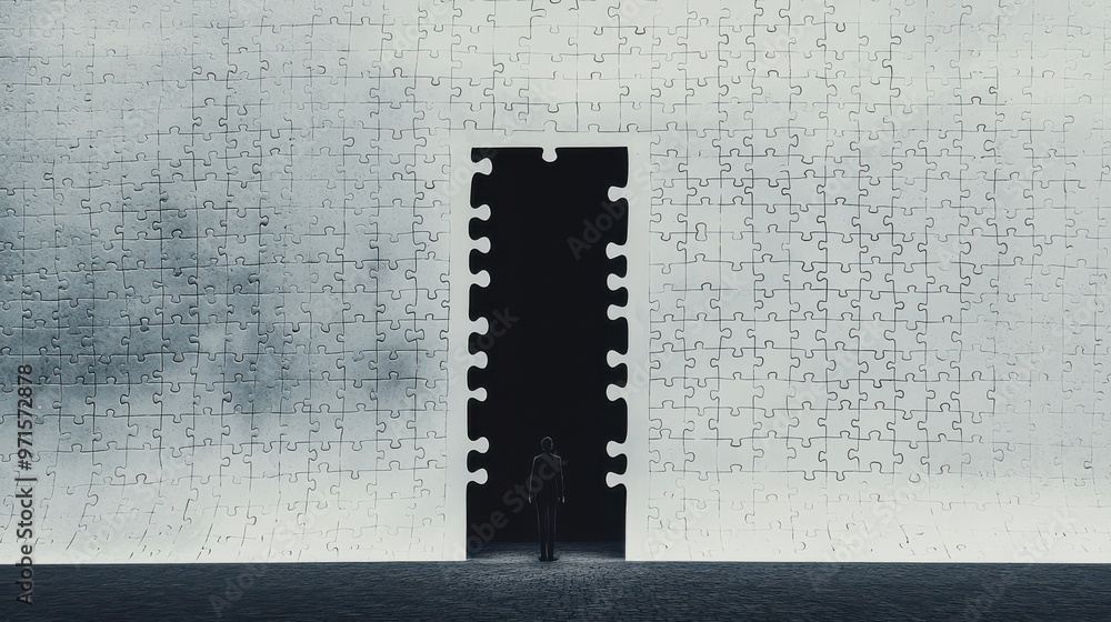 Poster perfection is not necessary: a figure standing in front of a giant puzzle with missing pieces, yet t