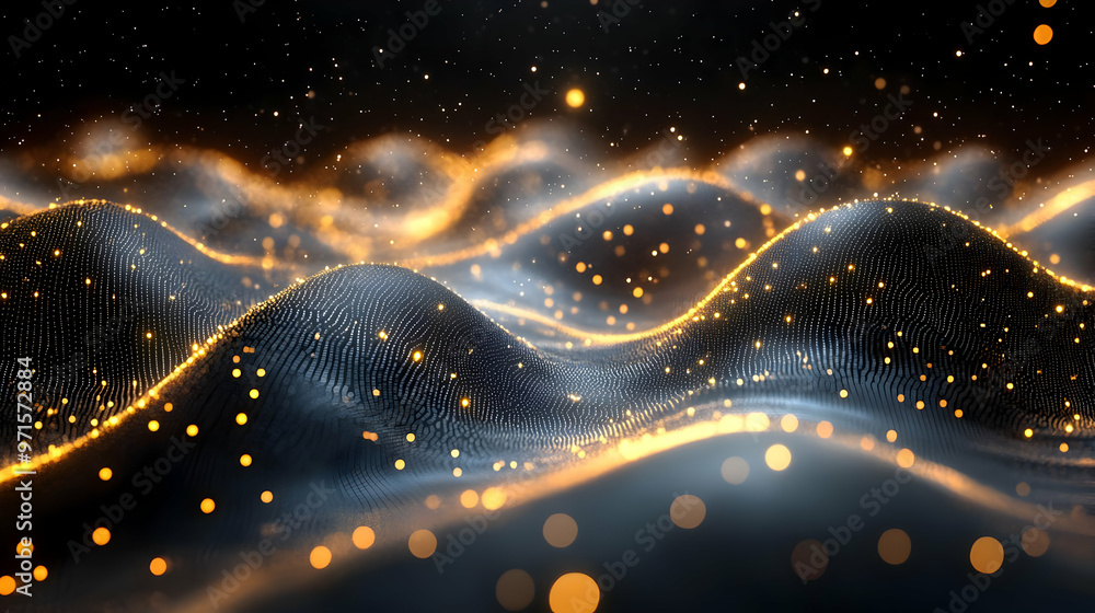 Poster abstract waves with glowing particles, creating a dynamic and futuristic visual effect.