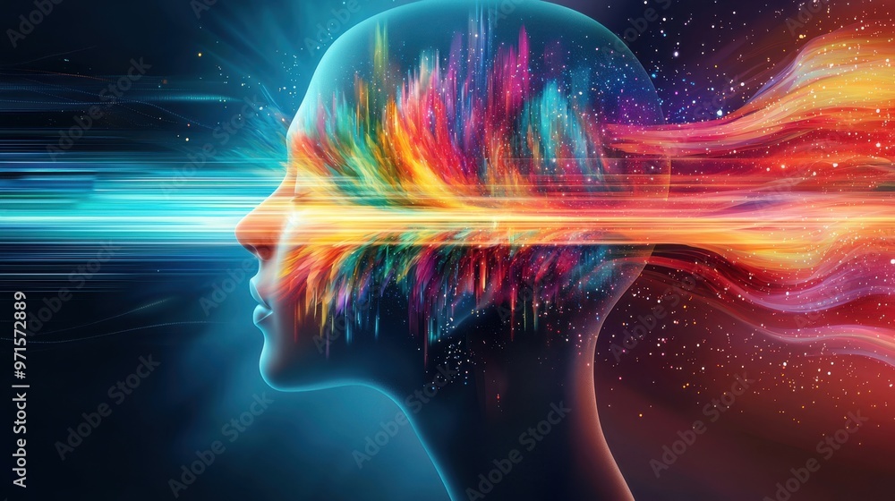 Poster personality prism: a beam of light passing through a human head and splitting into a spectrum of col