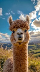Obraz premium Fluffy alpaca posing with blue sky and green hills