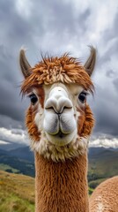 Obraz premium Brown alpaca posing with mouth closed in mountain landscape