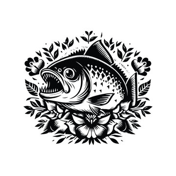 black and white fish surrounded by flowers clip art preview