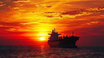 Obraz premium A large boat floats atop a vast expanse of water beneath a cloudy orange-blue sky during sunset