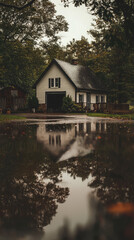 Fototapeta premium A tranquil farmhouse reflecting in serene pond surrounded by trees