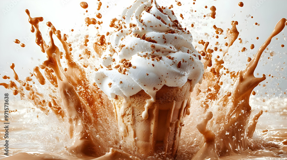 Aufkleber an ice cream cone splashes into a pool of chocolate, creating a dynamic, appetizing scene.
