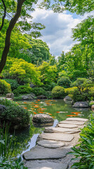 A serene Japanese garden with stone path and vibrant greenery