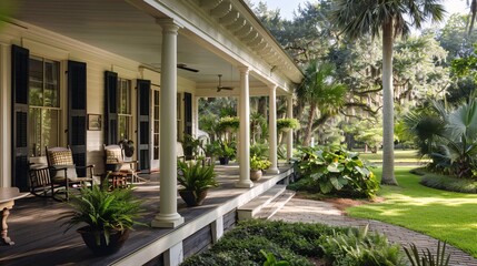 Southern Porch with Rocking Chairs and Lush Greenery