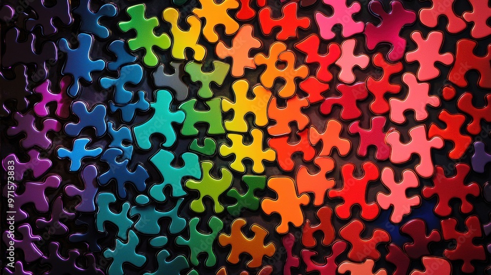Poster puzzle of happiness: a large puzzle where each piece is a different color and shape, symbolizing how
