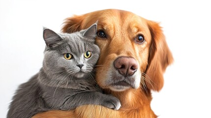 Orange dog and gray cat relaxing together isolated on white background