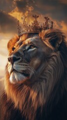 Fototapeta premium Majestic lion wearing a crown posing at sunset