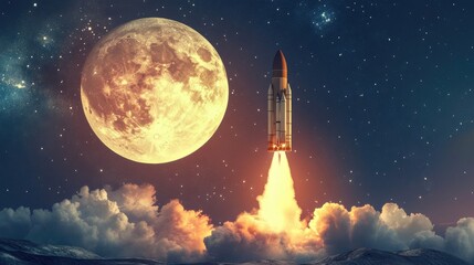 Fototapeta premium A rocket launches into space, with a large, bright moon in the background.