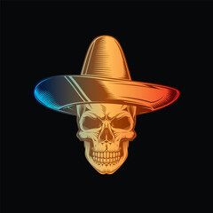 Skull in a sombrero. Dia De Los Muertos. Original vector illustration in vintage style isolated on black background. T-shirt design.