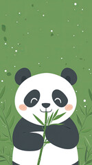 Fototapeta premium Cute panda happily eating bamboo in simple flat design, surrounded by greenery