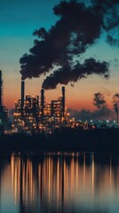 Fototapeta premium Industrial plant emitting pollution into the atmosphere at sunset